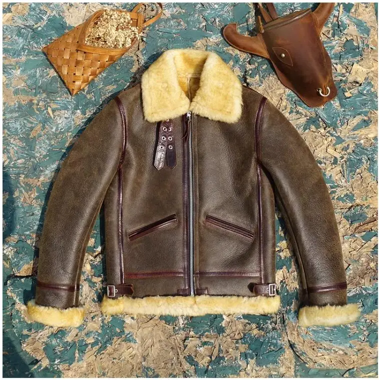 Free shipping.High quality Air Force Bomber leather jacket.100% natural fur coat.Winter warm thick wool shearling cloth.B3 B6