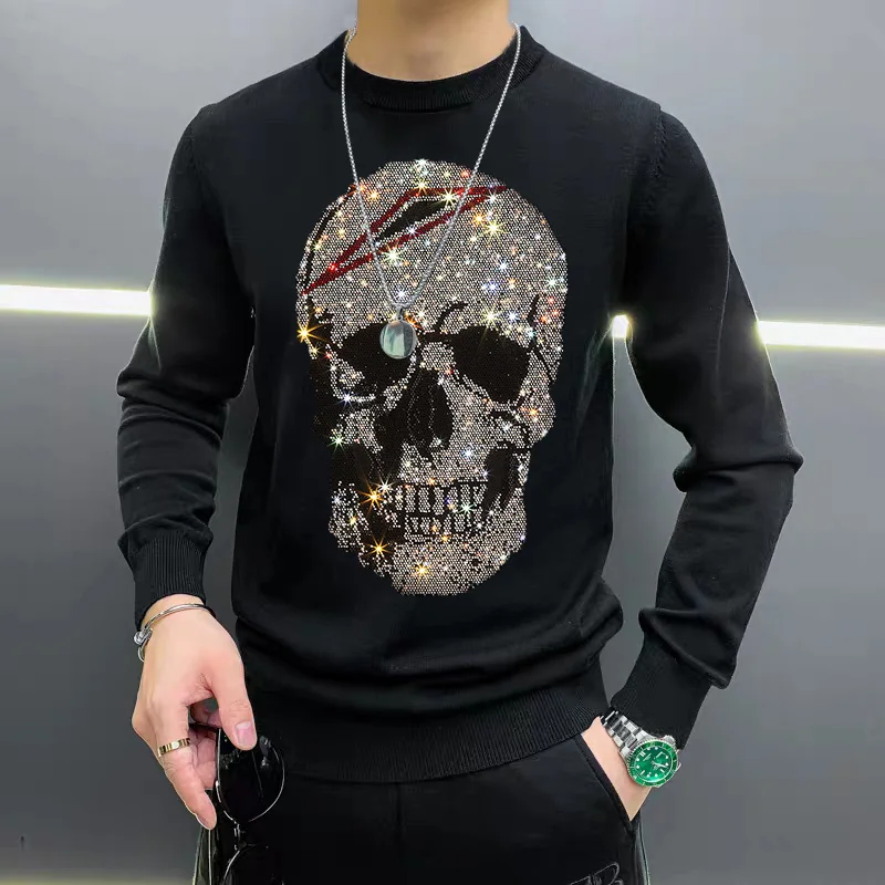 

New Desin Men's Sweater ot Diamond Pattern Siny Skull Sports Fitness Warm Top Plus Size