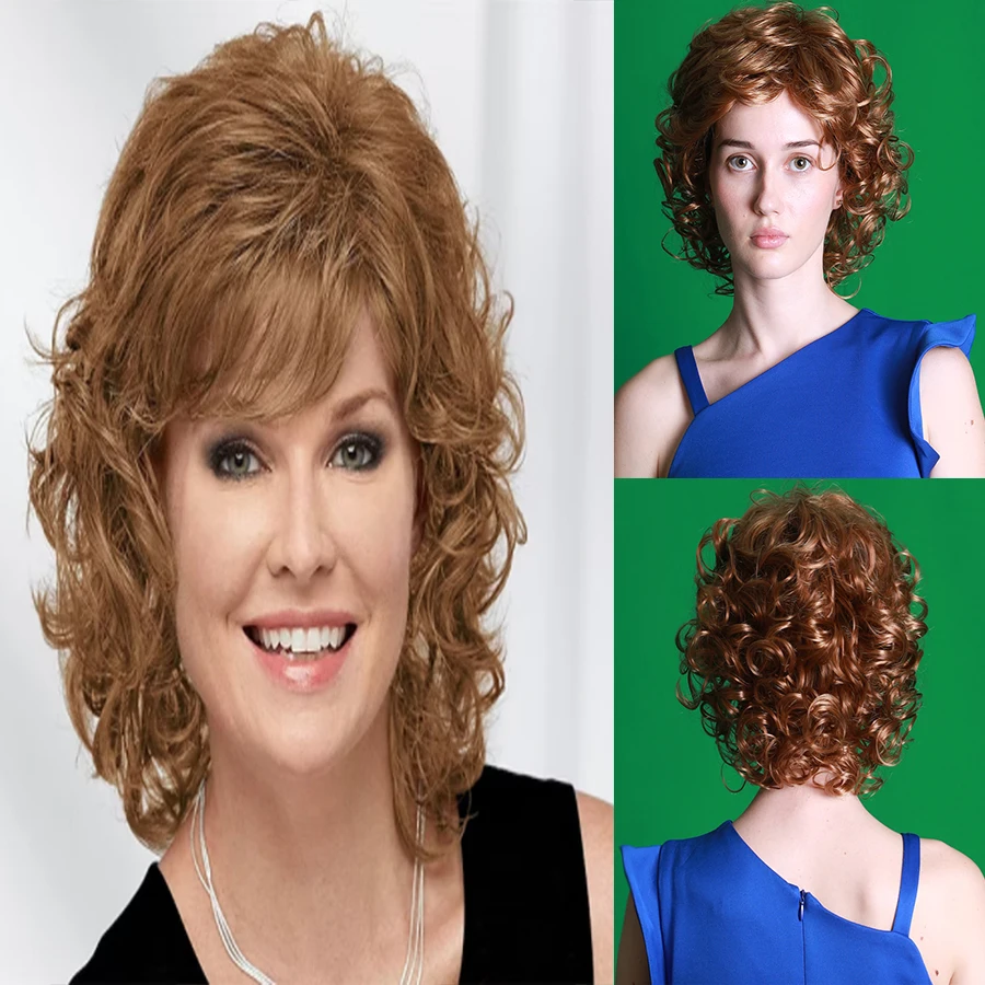 Perruque Synthétique Blonde Dorée à Frange - Cheveux Courts Bouclés/ondulés, Bonnet Moyen, Monture Monofilament, Neuf Sans étiquettes