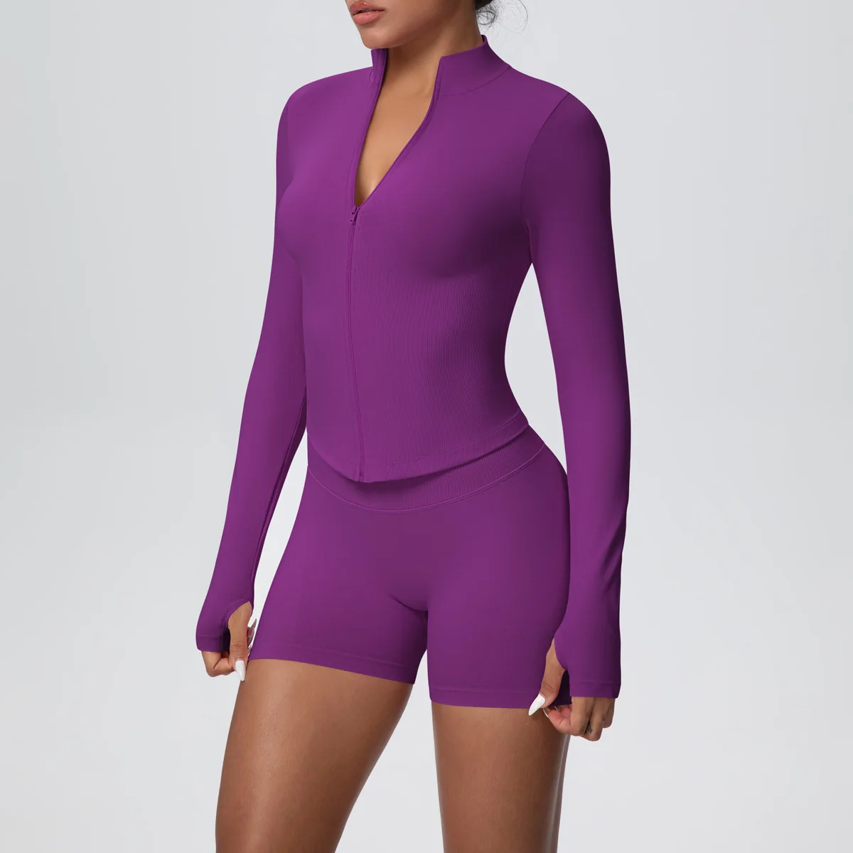 Women Gym Set - Seamless Yoga Suit With Zip Shirt & Cycling Shorts Activewear