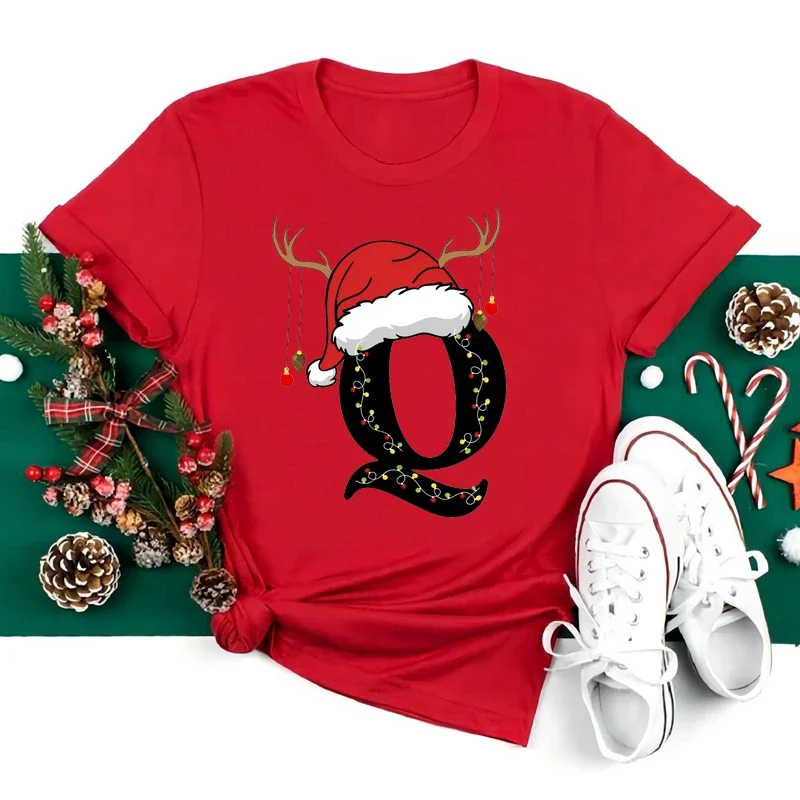Weihnachten Alphabet T Shirt Frauen Casual Mode T-shirt Kurzarm Weihnachten Party Ästhetik Rot Top Harajuku Hülse Casual – Detail 12