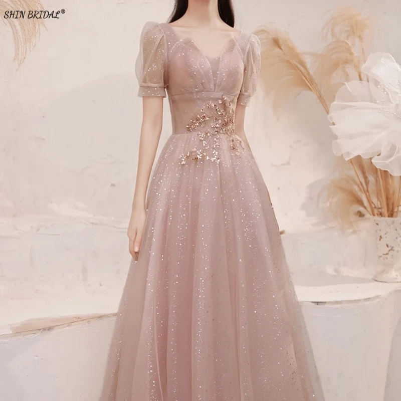 

SHIN BRIDAL Sequins Appliques Lace Puff Sleeve Evening Dress for Women A Line Long Backless Wedding Party Dresses Formal Elegant