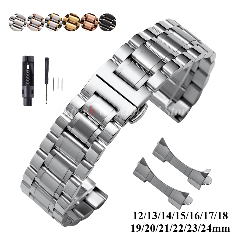 Elegant Curved End Stainless Steel Universal Strap with Butterfly Clasp