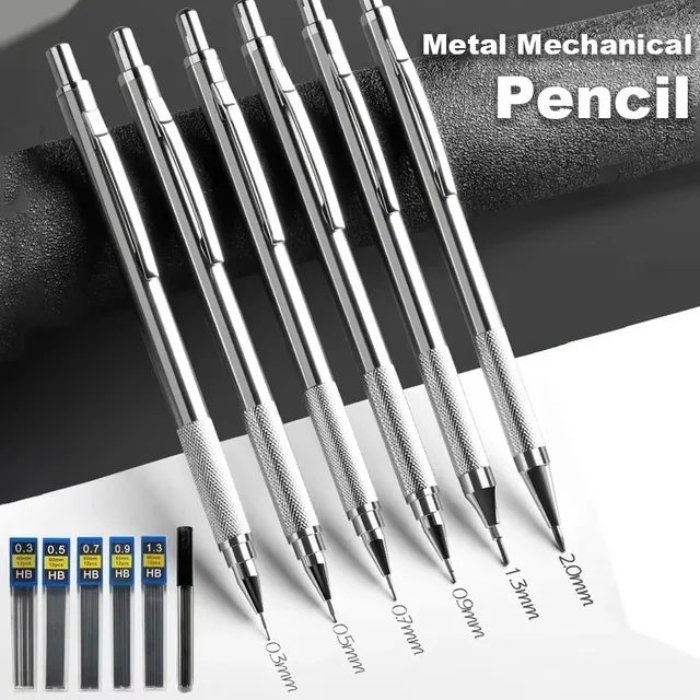 0.3 0.5 0.7 0.9 1.3 2.0mm Metal Mechanical Pencil Set For School Art Sketch Writing Stainless Steel Automatic Pencils Supplies 1