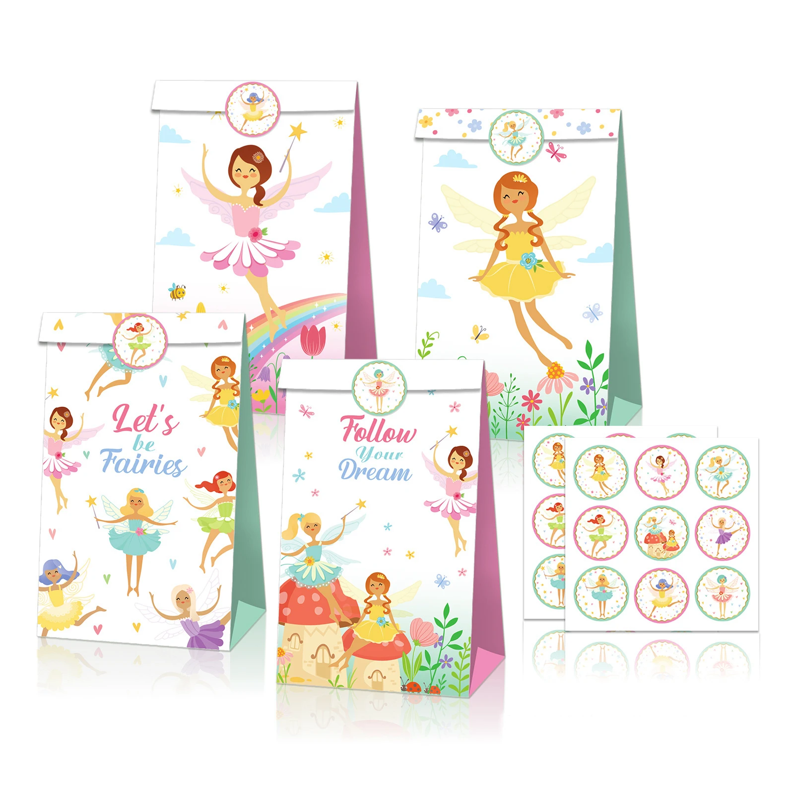 

12 Pieces Kit Fairies Party Paper Gift Bag With Stickers 150G Quality Environmental Kraft Paper Gift Paper Packing