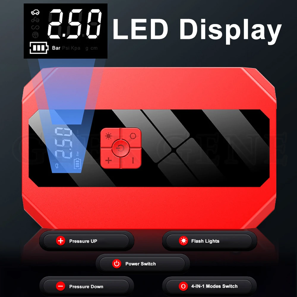 1200A Car Jump Starter Air Pump Portable Air Compressor Multi-function Tire Inflator Auto Battery Starter With Bag