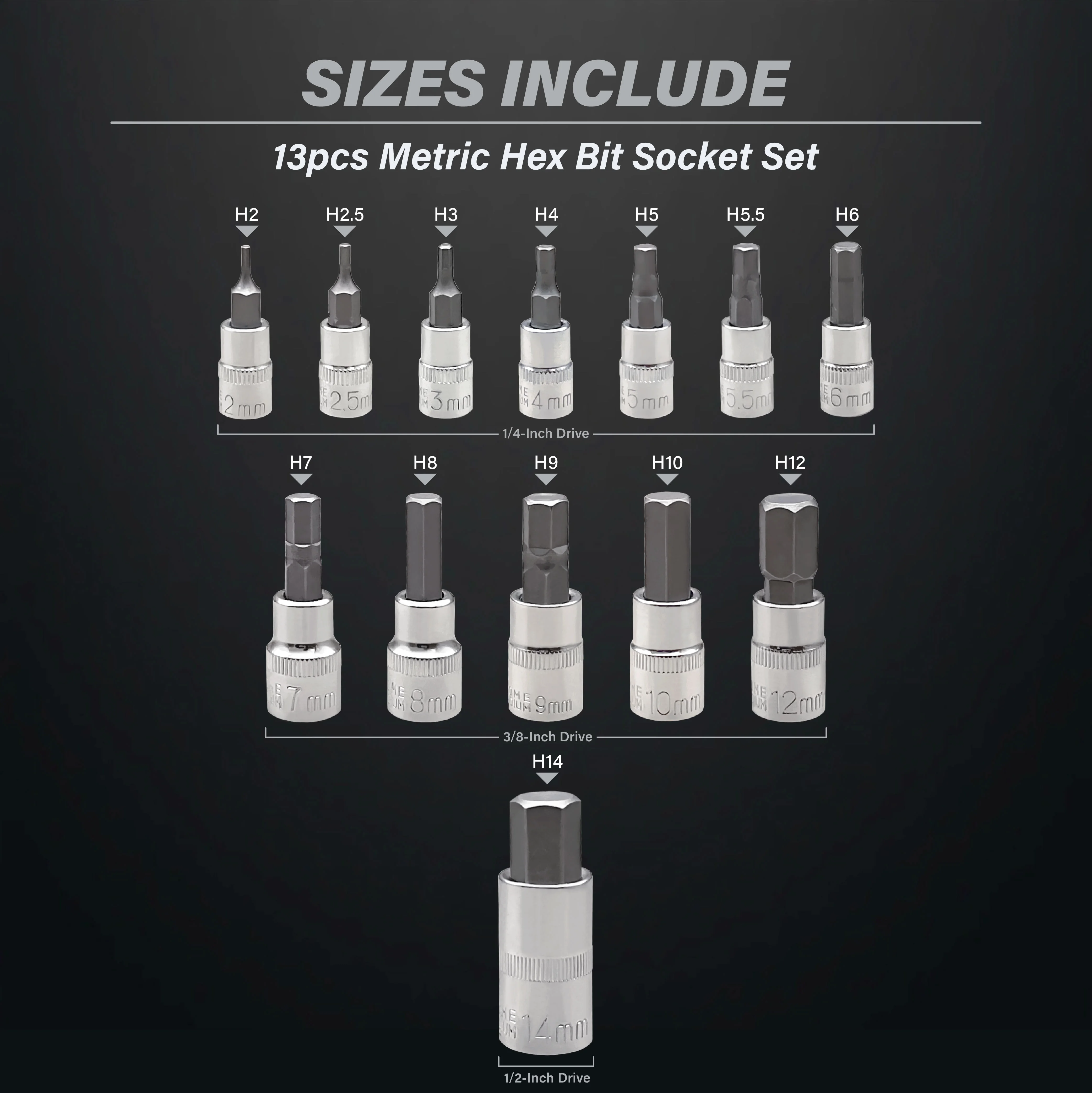 13Pcs Hex Bit Socket Set H2-H14,CRV Sockets 1/4inch,3/8inch & 1/2inch Drive For Hand Use Work On Cars Trucks 2