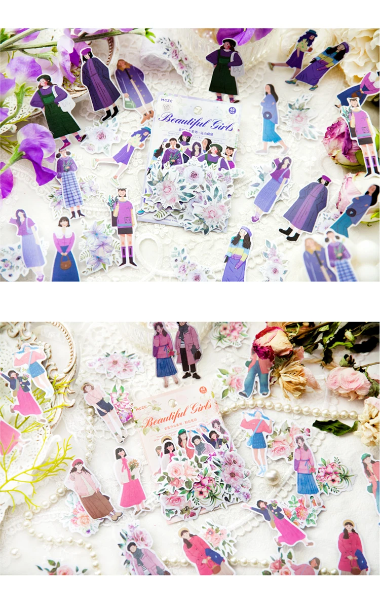 JIANQI 40 Stück Mädchen Blumen Aufkleber Dekor DIY Scrapbooking Junk Journal Collage Album Material Planer Handwerk Aufkleber Set – Detail 5