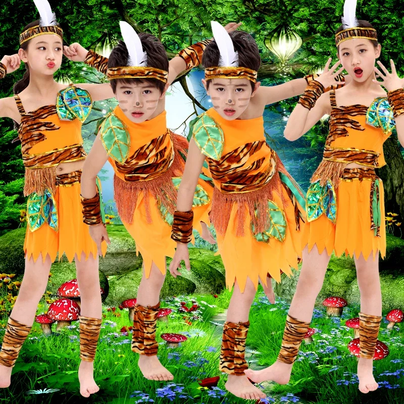Costume Di Halloween Bambini Savage Caveman Costumi Flintstone African Tribal Hunter African Drum Costume Bambini Vestiti Indiani