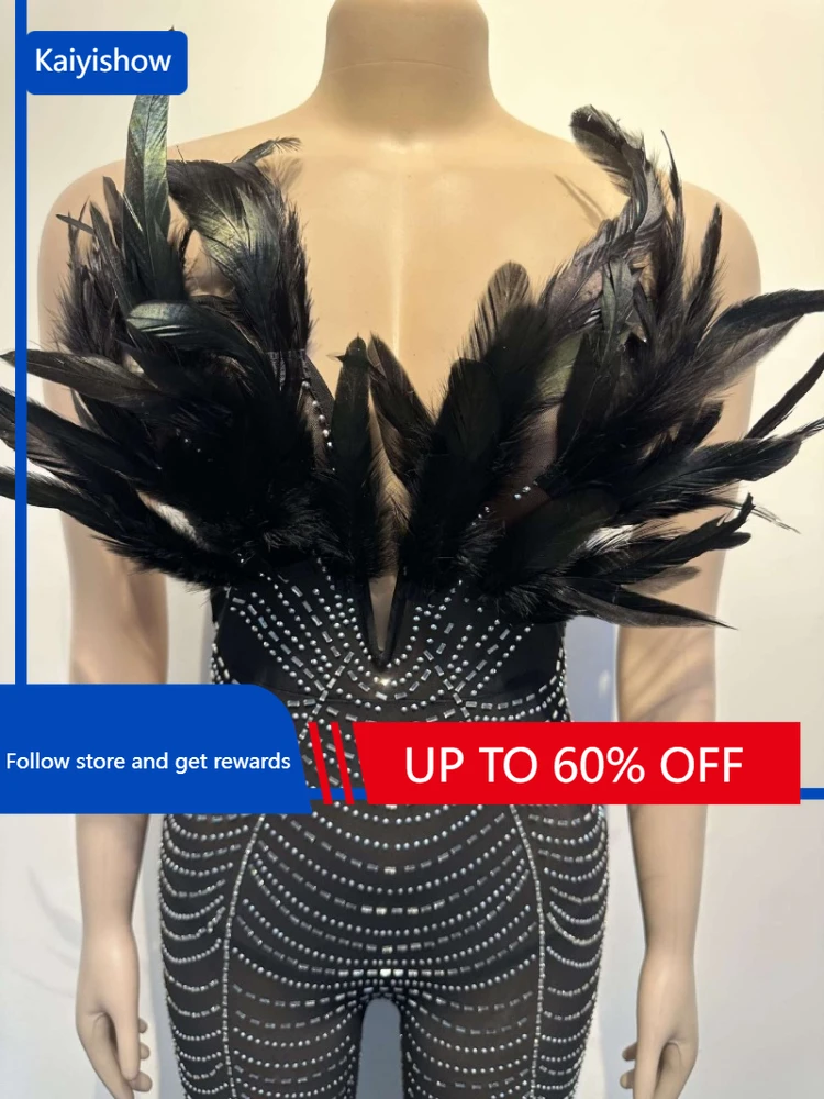 

Luxury Rhinestones Feathers Strapless Deep V-neck Mesh Black Jumpsuit for Women Birthday Party Nightclub Romper Overalls