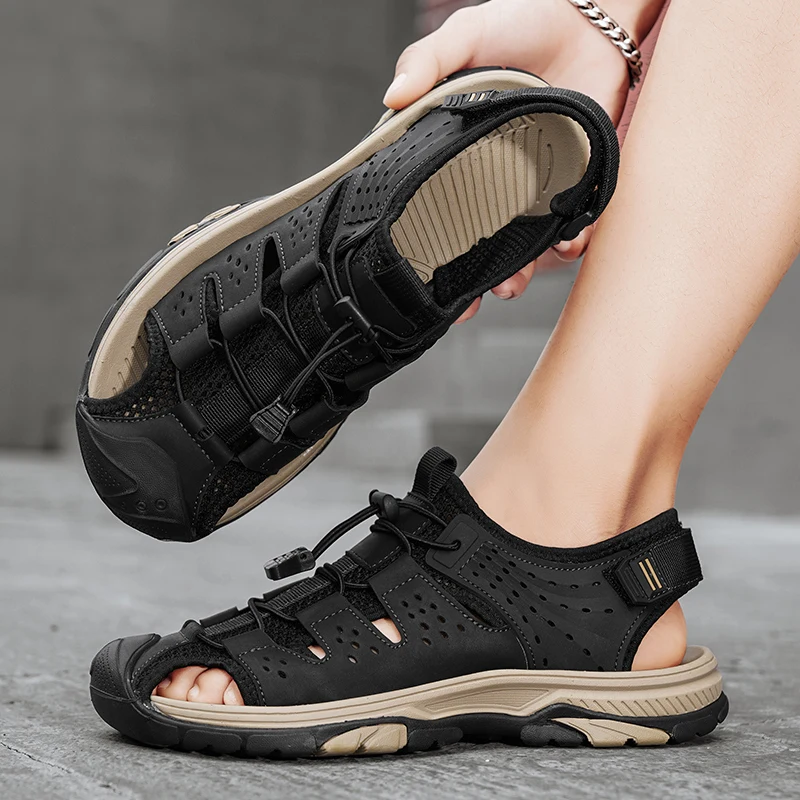 Quick Dry Mens Sandals Adjustable Solid Color Summer Shoes Casual Comfy Beach Flats Durable Rubber Sole Outdoor Walking Sandals