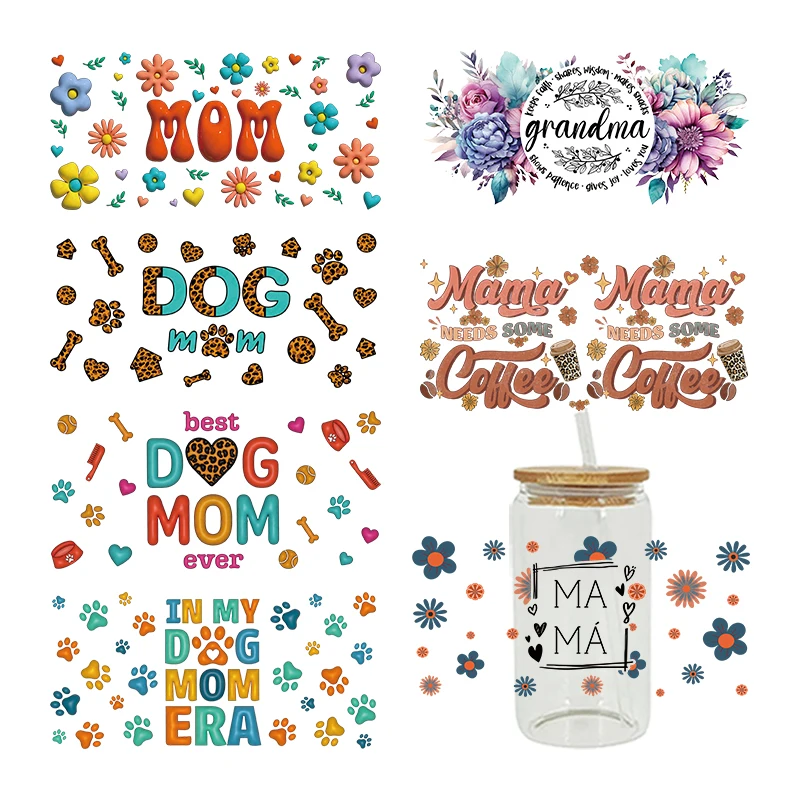 3D UV DTF Transfers Stickers 16oz Cup Wraps Animal Dog Mom Printed For DIY Glass Ceramic Metal Leather Etc. D13930 dtf transfer sticker