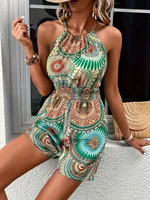 Madala Print Halter Romper Jumpsuit, Vacation Style Sleeveless Jumpsuit For Spring & Summer, Women's Clothing