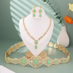 Gold Color Crystal Morocco Bride Jewelry Sets For Women Caftan Belt Waist Chain Charm Choker Necklace Square Earrings
