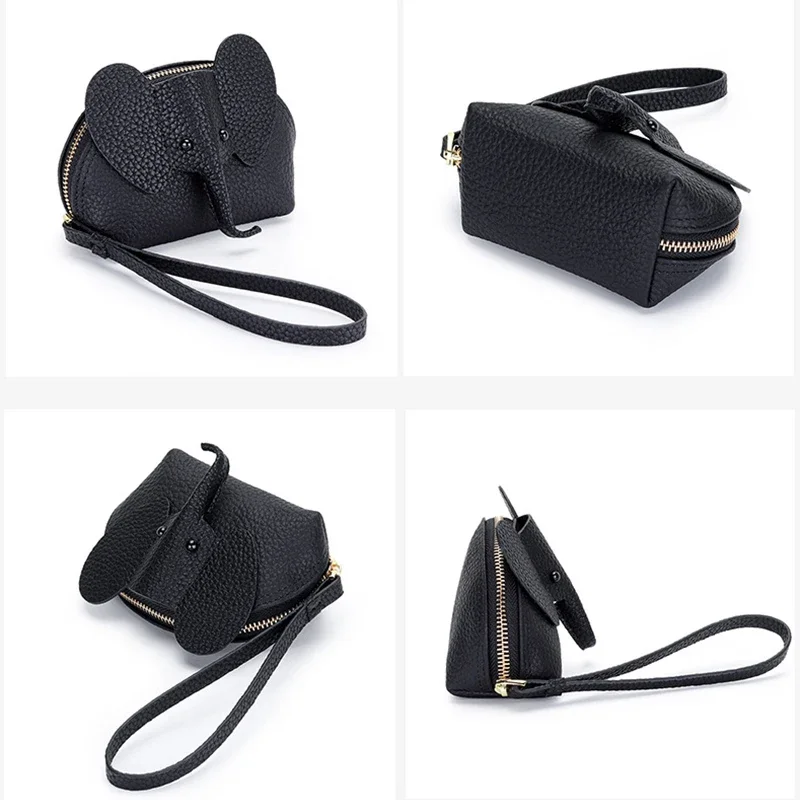 Small Leather Coin Purse for Women Cute Elephant Change Purse for Girls Zipper Coin Pouch Wallet with Key Chain and Wrist Strap