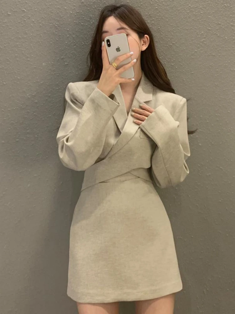 Jacket Skirt Two Piece Sets Long Sleeve V-neck Coat Suit Autumn 2021 Mini Skirts Korean Office 2pc Set Elegant Black Suit