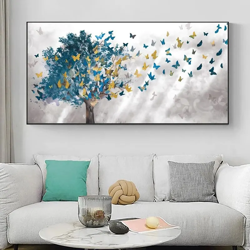 NordicAbstractBlueTreeButterflyOilPaintingWallArtPosterLiving
