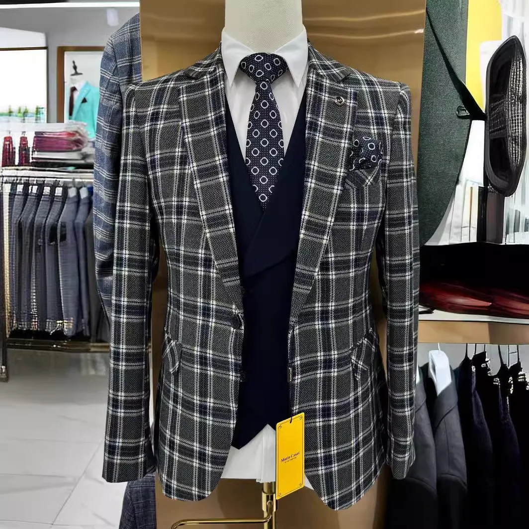 

Suit Coat Vest Pants 3 Pcs Set / 2023 Men's Casual Boutique Business Retro British Style Plaid Blazers Jacket Trousers Waistcoat