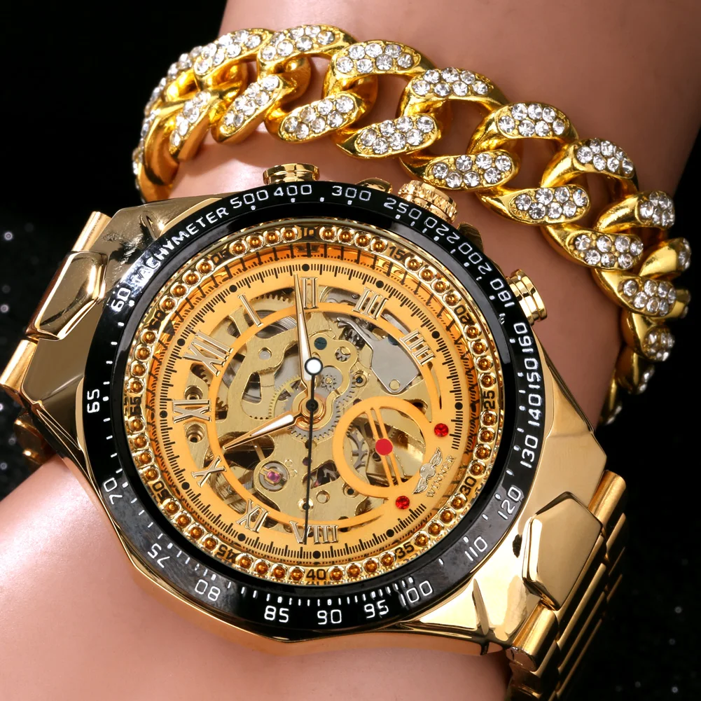 Golden Men's Watch Bracelet Gift Set Top Brand Punk Automatic Mechanical Skeleton Watches Copper Steel Strap Best Gifts to Dad