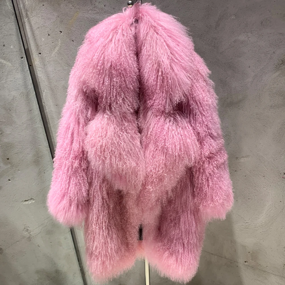 Womens Real Mongolian Lamb Fur Coat Big Lapel Curly Long Fur Warm