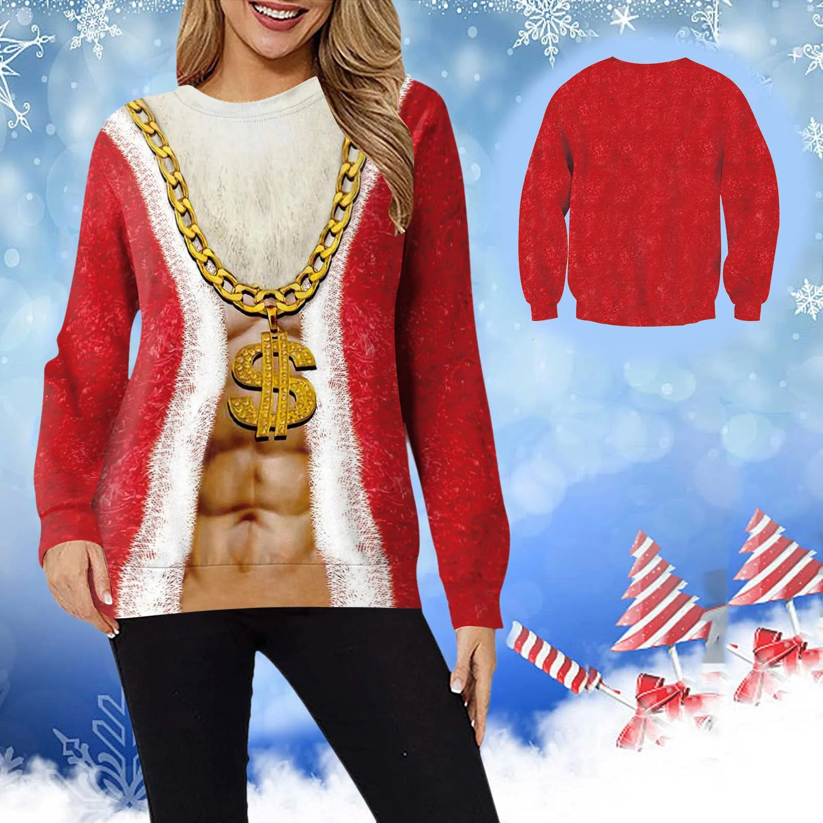 

Ugly Christmas Hoodless Sweatshirt Unisex Funny Christmas Crewneck Sweatshirt Novelty 3D Graphic Long Sleeve Sweater Shirt