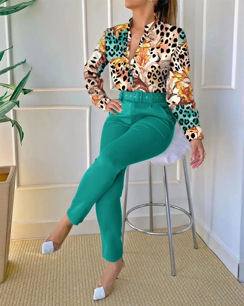 Moda Barroco Imprimir Two Piece Set Mulheres Roupas Elegante Senhora Do  Escritório Único Breasted Manga Longa Camisa Cinto Calça Conjuntos de  Correspondência