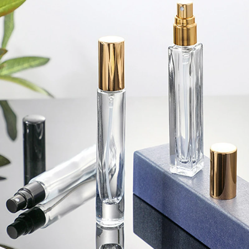 6/12pcs 10ml 두꺼운 투명 유리 향수 병 광장 라운드 리필 형 향수 스프레이 분무기 병 블랙 골드 실버 뚜껑