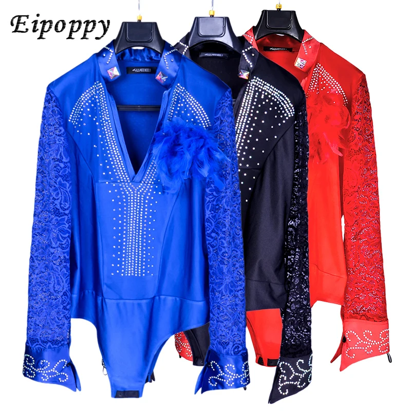 Ballroom Latin Dance Shirts Male Black Long Sleeve Lace V Collar Shirt Men Samba Cha Cha Dancing Tops Performance Wear