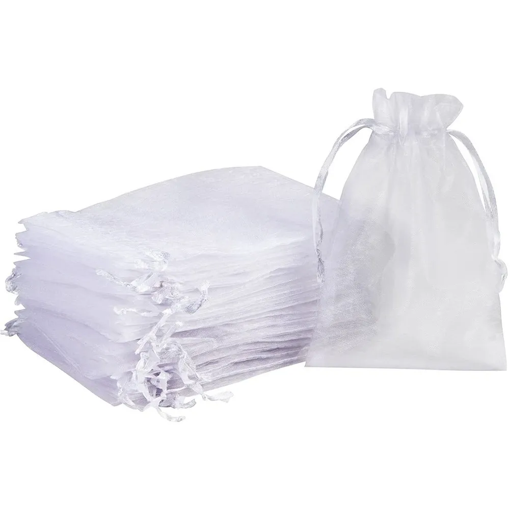 Bolsas de regalo de Organza para joyería, embalaje de joyería con cordón blanco para boda, Navidad, dulces, 100 unidades por lote