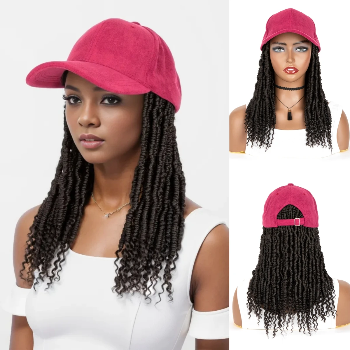 Medium Braided Synthetic Wig Spring Box Braids Hair Extensions With Burgundy Baseball Cap Bucket Hat synthetic hair wigs