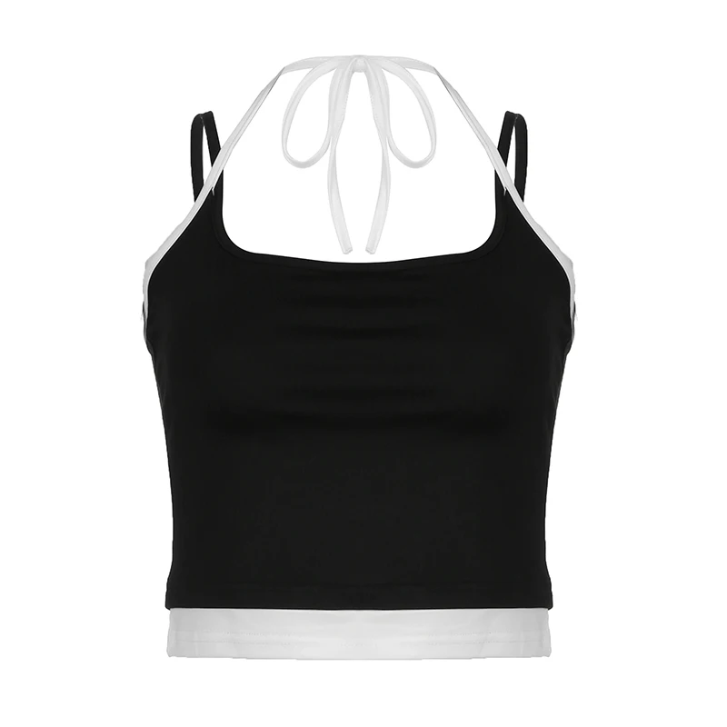 Contrast Patchwork Halter Lace-Up Camisole Crop Top Women Basic Casual Streetwear