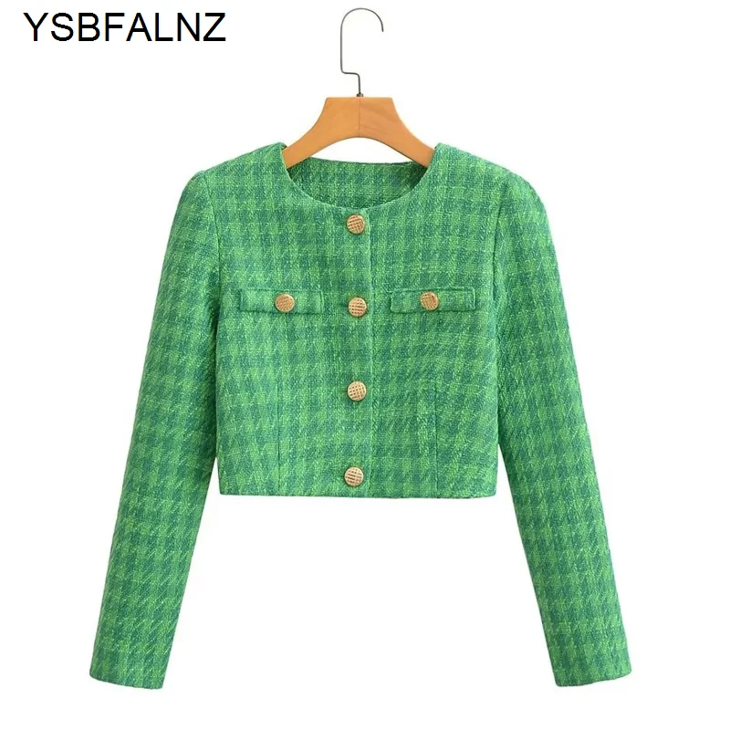 

2023 Spring Women Tweed Jacket Traf Metal Buttons Fitted Houndstooth Blazers Female Chic Tops Cropped Coats Green