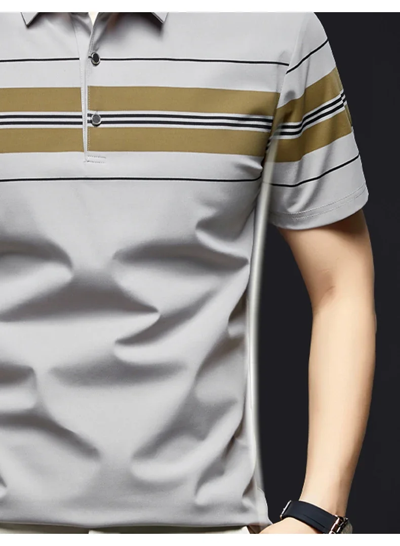 BROWON Brand 2025 Summer Men Polo Shirt Short Sleeve Lapel Collared Smart Casual Striped Office Polo Tops Tees for Men 14 Scc4df14644d546789e33bdb311f50e36q