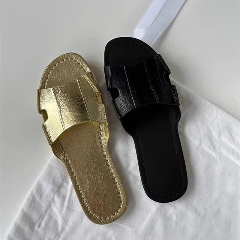 

Small Group Gold Genuine Leather One Line Slippers for Women Simple Exposed Toe Half Slippers for External Wear Sandals