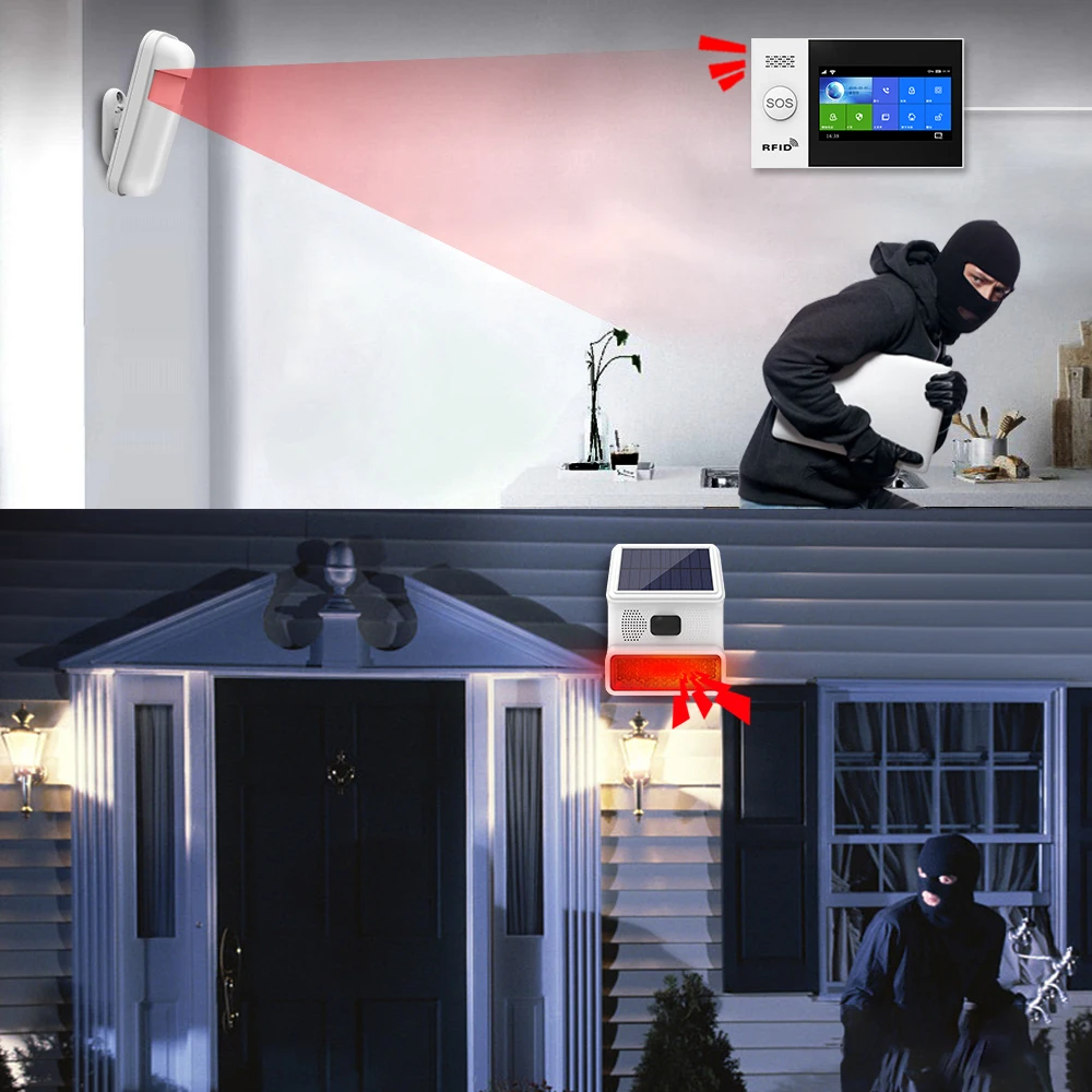 Siren Alarm Home Alarm System Solar Siren Solar Siren Alarm Siren Alarm Wireless Outdoor Solar Waterproof Strobe Siren For Home 120db High Decibel 433MHz Burglar Security External