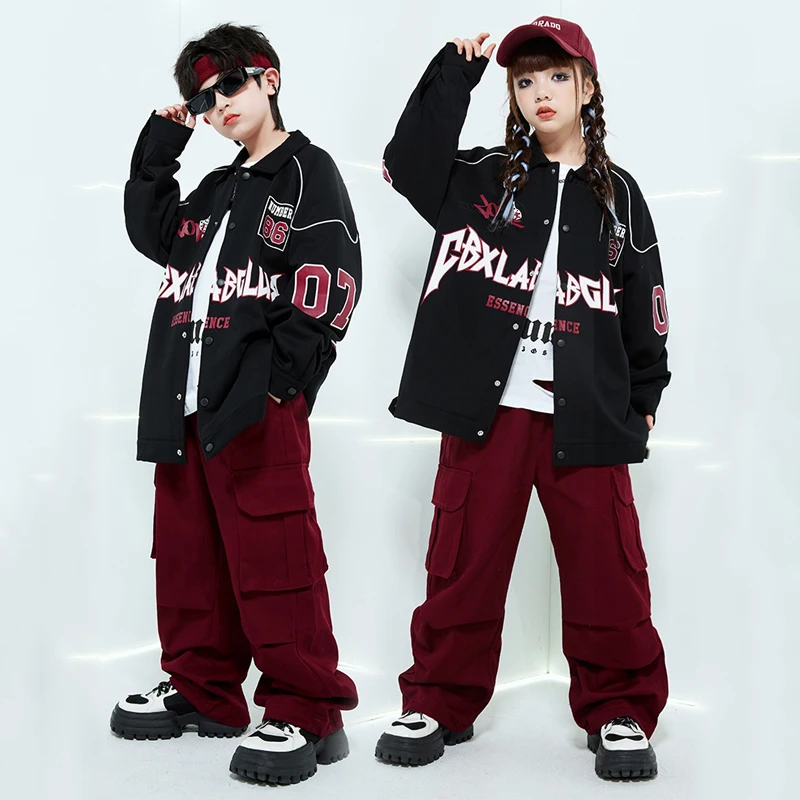 

New Ballroom Hip Hop Dancing Clothes For Girls Black Jacket Red Cargo Pants Suit Boys Jazz Dance Drum Performance Wear DQS15139