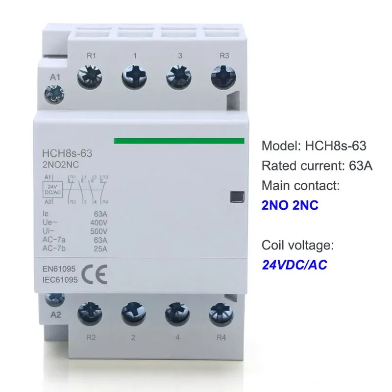 HCH8s-63 모듈형 접촉기 4P 63A 4NO 4NC 2NO2NC 380V 220V 110V AC 24V 자동 가정용 접촉기 DIN 레일 타입 iCT 50/60Hz