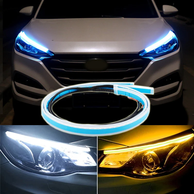 

2pcs LED DRL Car Daytime Running Light Flexible Waterproof Strip Auto Headlights White Turn Signal Yellow Blue Brake Flow Lights