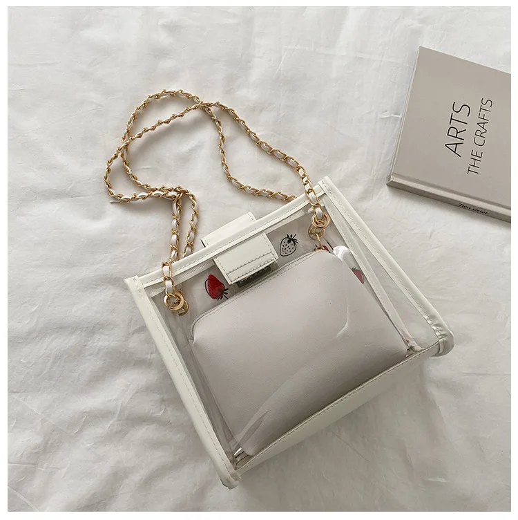 Borsa trasparente alla moda per donna Borsa a tracolla da donna da viaggio trasparente in PVC con borsa Borsa tote ecologica fragola di grande capacità_voghion.com