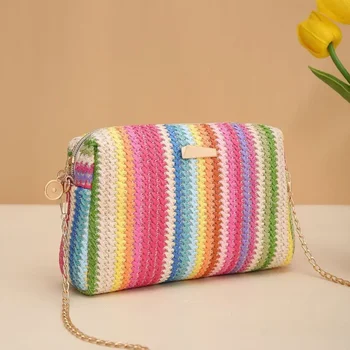 Rattan Stricken Frauen Strohs ack Strand Sommer kette kleine Geldbörse und Handtasche weibliche Schulter Umhängetaschen Reise Design Klappen tasche — изображение 2