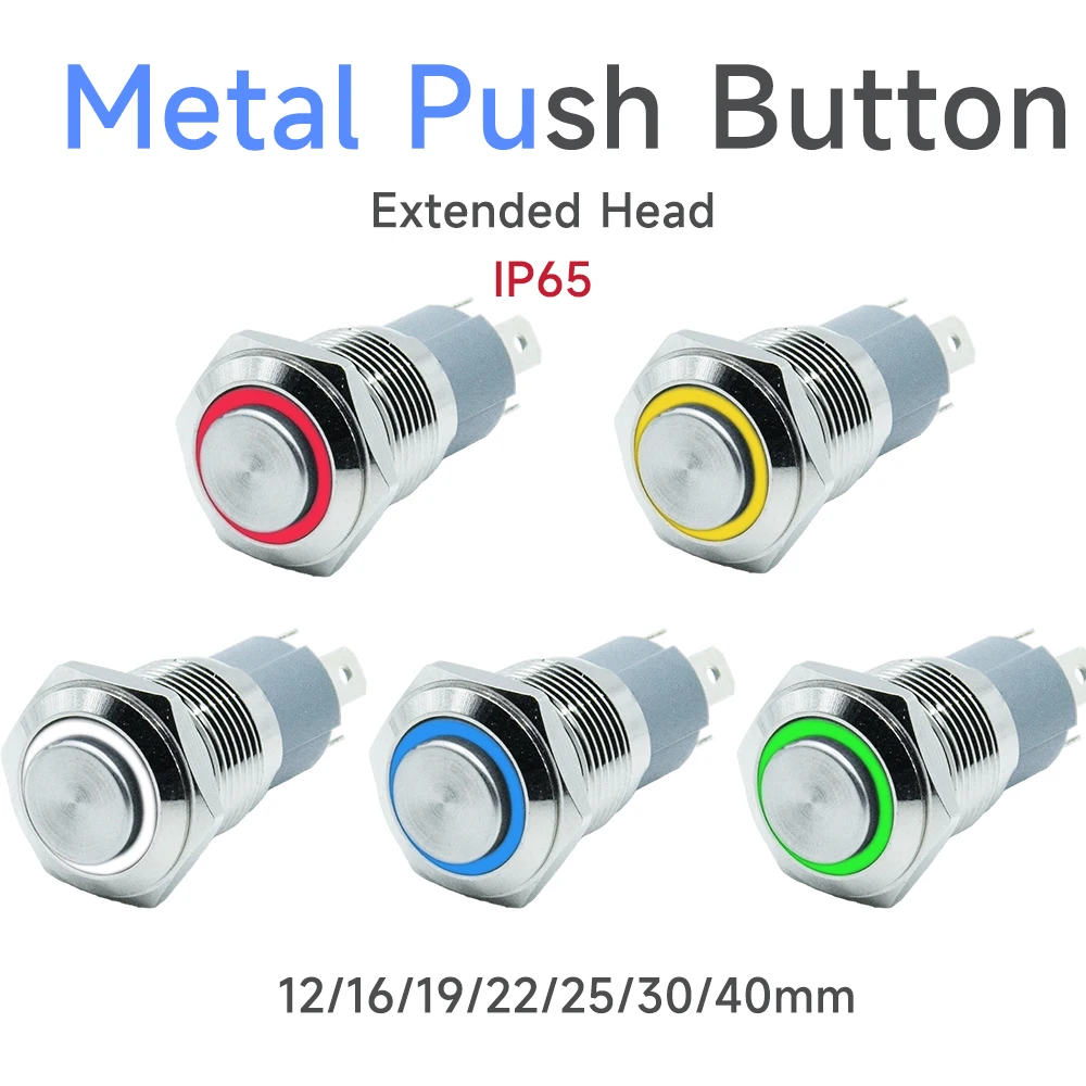 12mm 16mm 19mm 22mm Extended Head Metal Push Button Switch on off power LED light Waterproof 3v 6v 12v 24v 110v 220v ip65 push button switch