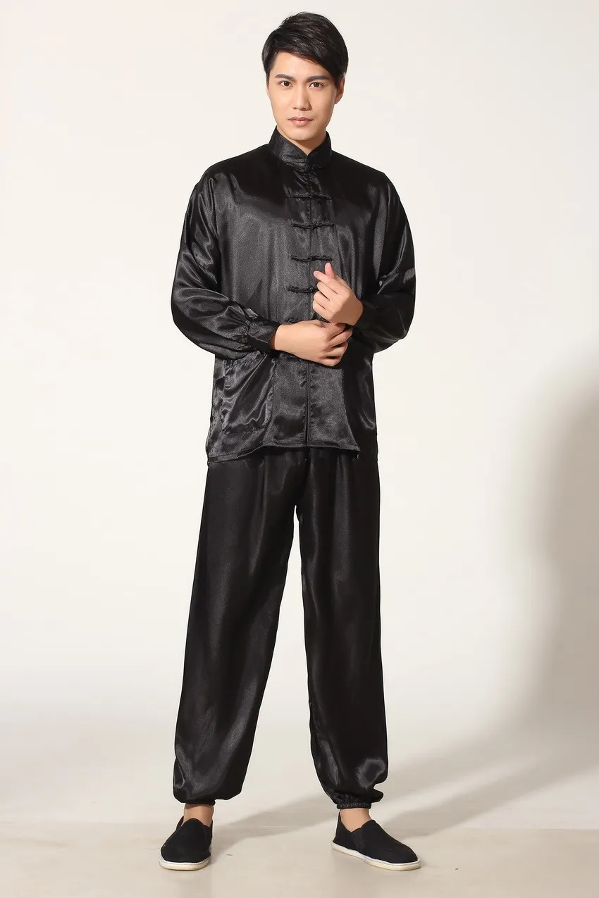 Gold Chinese Men's Satin Rayon Kung Fu Suit Vintage Tai Chi Sets Wu Shu Uniform Long Sleeve Clothing S M L XL XXL MS019 tai chi clothing chinese traditional costume chinese men hanfu top