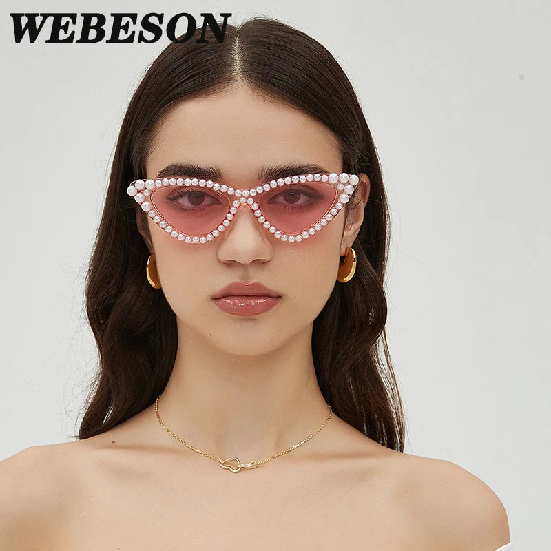 

New Fashion Cat Eye Sunglasses Women Brand Design Lady Pearl Sun Glasses for Female Vintage Shades Eyewear Trendy Beach Party