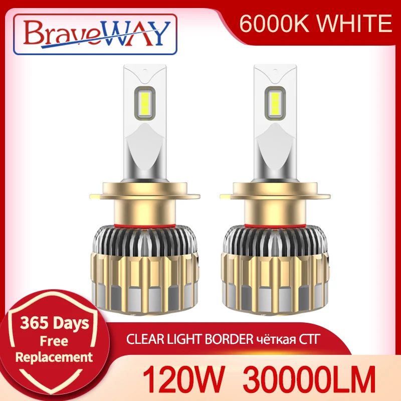 BraveWAY 120W LED Bulbs for Car H1 H4 H7 H11/H8/H16(JP) 9005/HB3 9006/HB4 Car Headlight Fog Lights LED CANBUS 12V 6000K 30000LM
