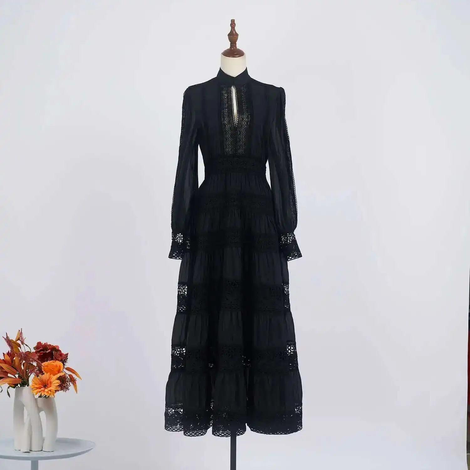 Luxo manga longa maxi vestidos camisa feminina verão outono baile de formatura festa à noite vestidos rendas bordado oco para fora vestido branco