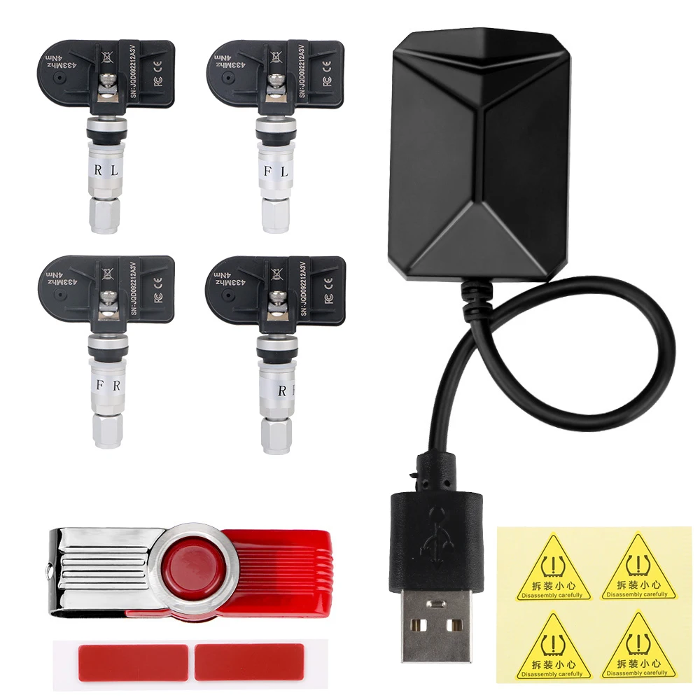 Wheel Tools Tire Pressure Gauges Mini-Car Tire Pressure Monitoring SystemCar alarm systems with 4 external sensors USB TPMS Wireless Save fuel