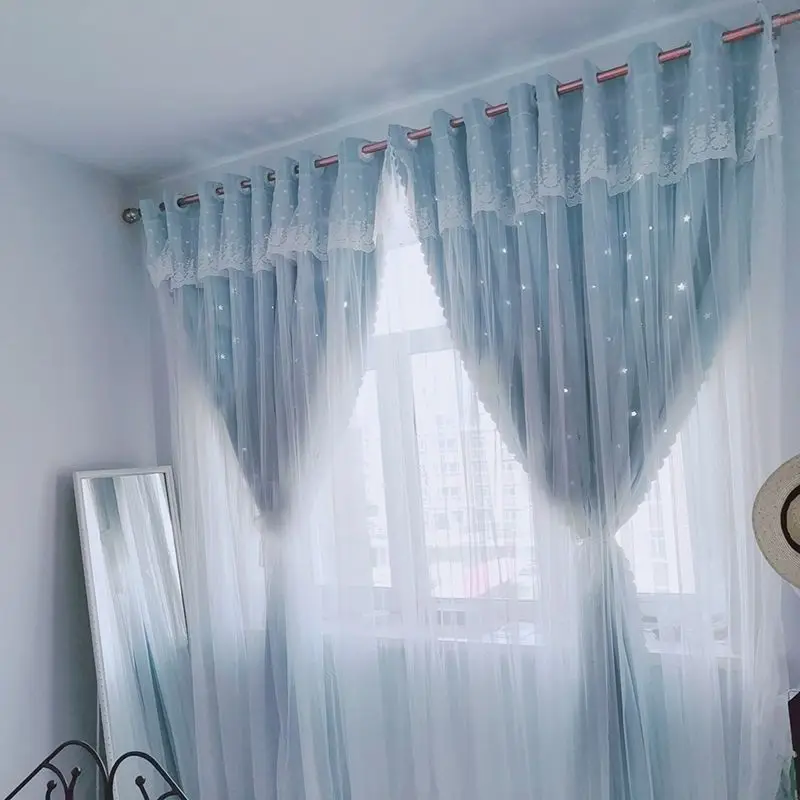 

Internet celebrity style finished curtains princess style blackout bedroom hollow star floating curtains without punching