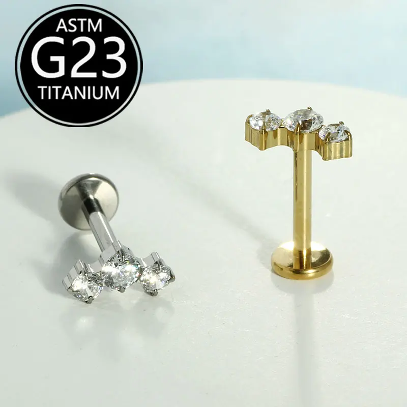 F136 Titanium Lip Ring Lightning Flower Inlaid Zirconia Ear Bone Stud G23 Titanium Body Piercing Jewelry Factory 10pcs/lot