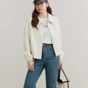 DUSHU PU 가죽 여성용 짧은 재킷, 폴로 넥 대비 라인 디자인, 레트로 다크 브라운 코트, 드로스트링 밑단 재킷, 24DS81258 상품 이미지