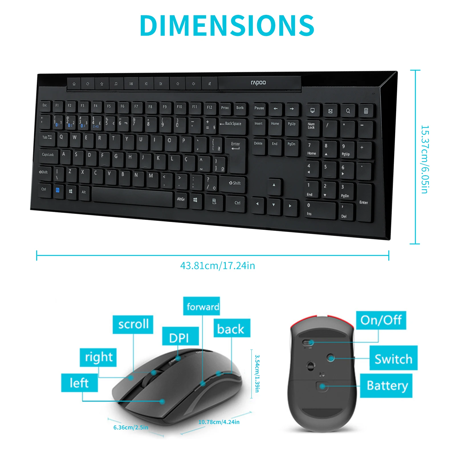 Rapoo 8210M Multi-Device Bluetooth Wireless Keyboard and Mouse Kit ABNT2 Portuguese Brazil Black Color with Multimedia Keys